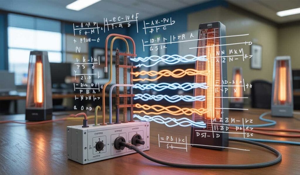 A scientific device connected by cables demonstrates waveforms and mathematical formulas in a classroom or lab setting.