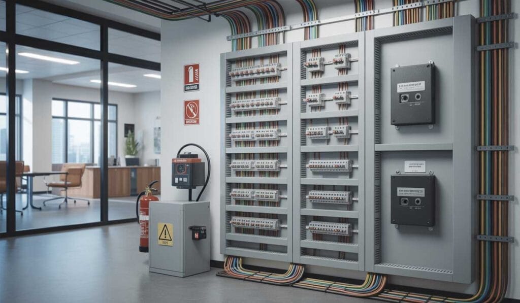 Electrical control panels with labeled switches and wiring are mounted on a wall in a modern office, with fire safety equipment nearby.