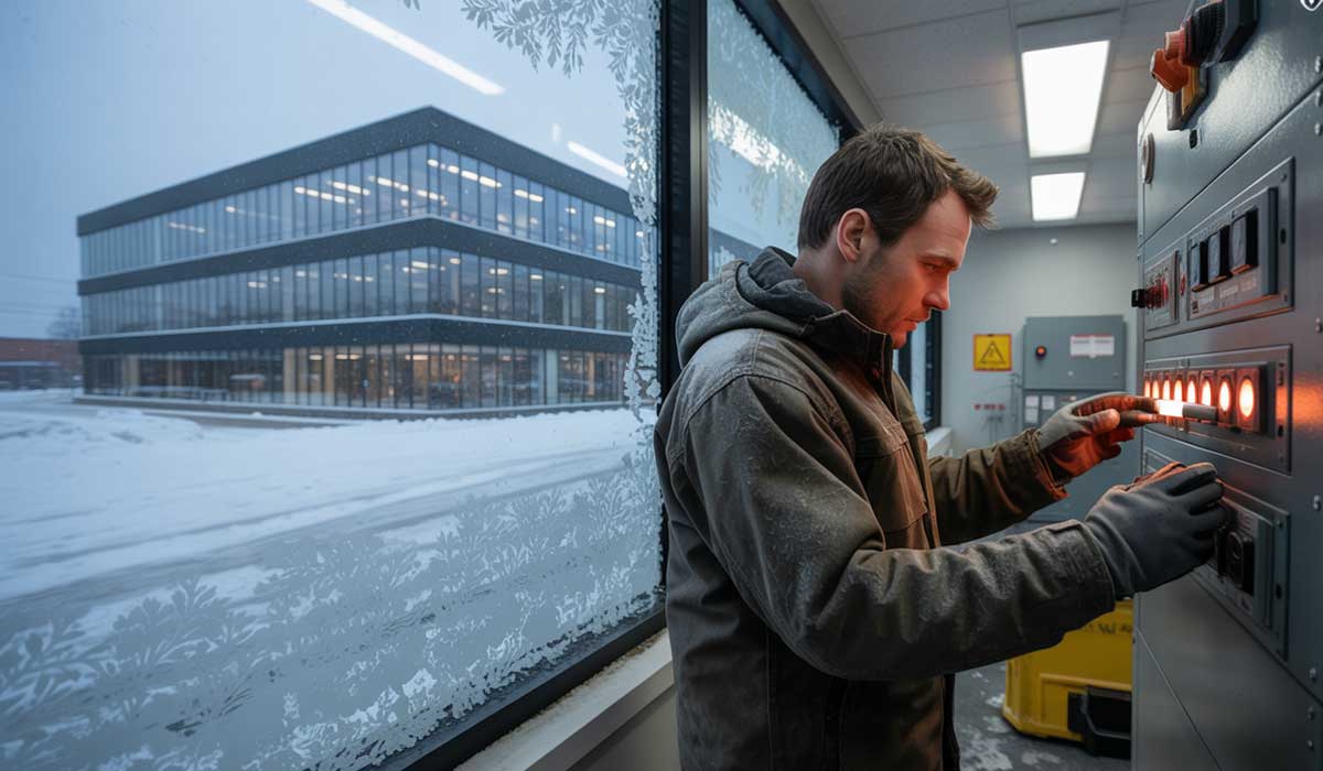A man in a winter coat operates control panel switches inside a building, with a snowy office building visible through the window.