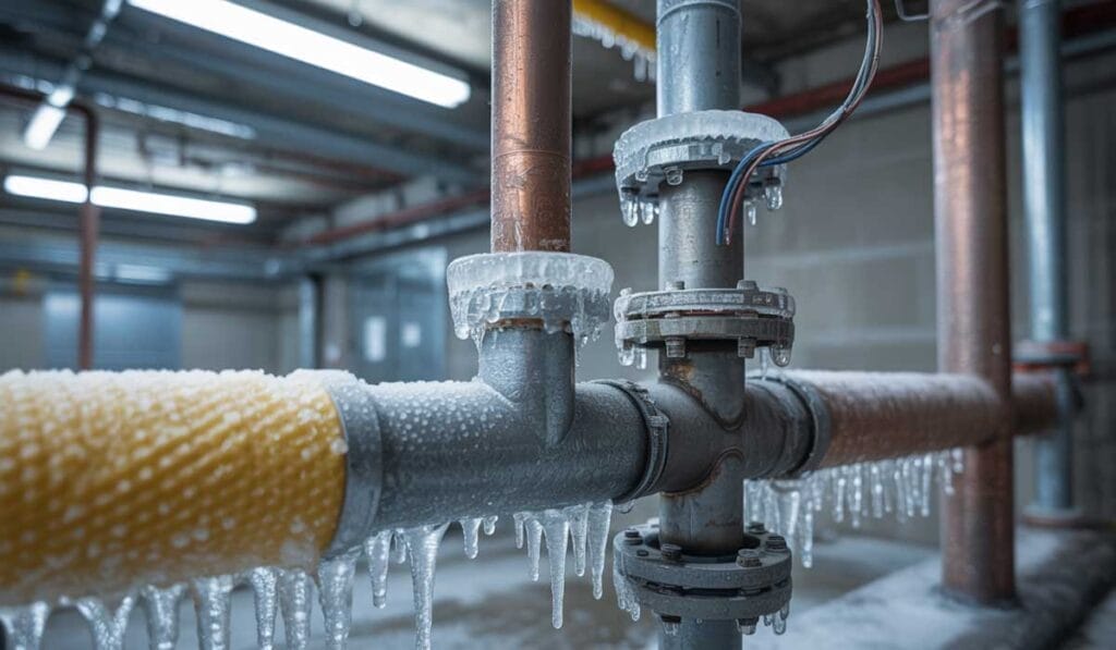Industrial water pipes with ice and frost buildup, showing frozen valves and fittings in a utility or mechanical room.