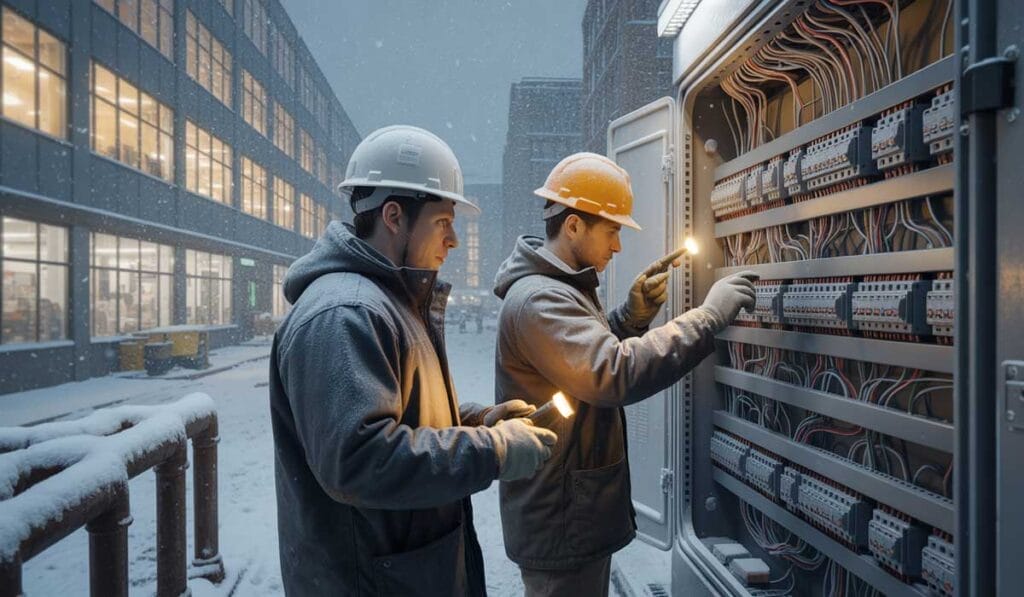 Two workers wearing helmets and coats inspect electrical panels with flashlights outdoors during snowfall near an industrial building.