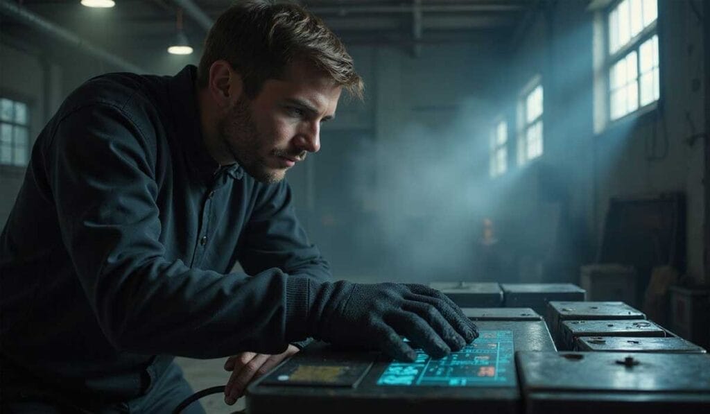 A man in a dark industrial setting operates a control panel with digital screens, wearing gloves and focused on the task.