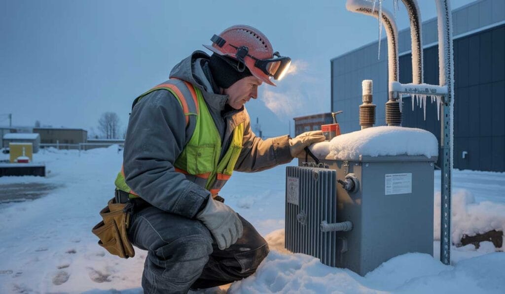 A worker in winter gear inspects an outdoor electrical transformer covered in snow and ice near a building.