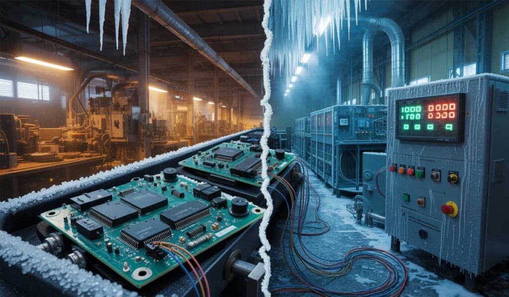 A factory interior split between warm and cold conditions, showing electronic equipment with frost on one side and normal operation on the other.