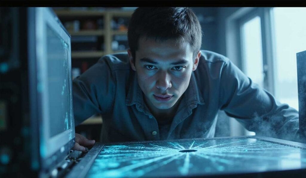 A person closely examines a glowing, cracked electronic device on a table, with computer monitors and shelves in the background.