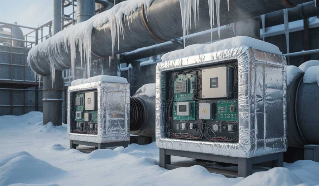 Two insulated control panels with exposed circuitry sit in a snowy industrial site, surrounded by pipes and equipment covered in snow and icicles.
