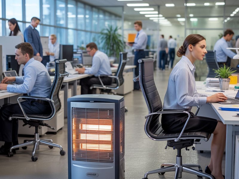 A portable heater operates in a busy open-plan office where employees work at desks, using computers and talking with colleagues.