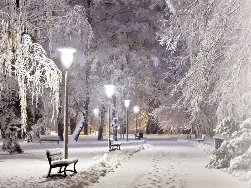 A snow-covered park with benches and trees, illuminated by street lamps at night. Footprints are visible on the snow along the path.