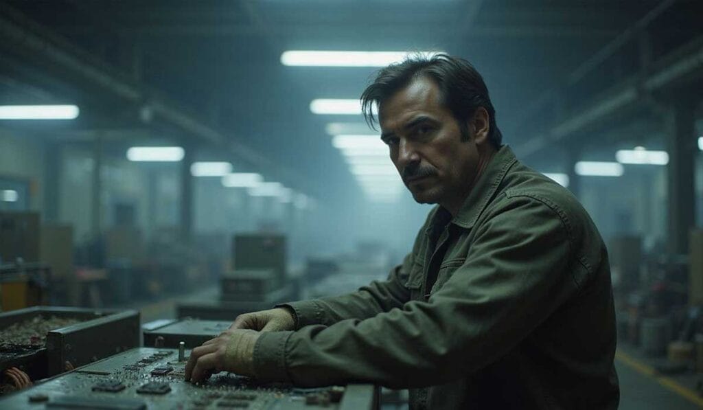 A man in a work jacket operates machinery or electronic equipment in a dimly lit industrial factory setting.