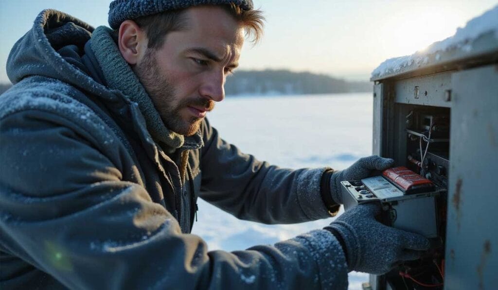 A man wearing winter clothing repairs or inspects electrical equipment outdoors in a snowy environment.