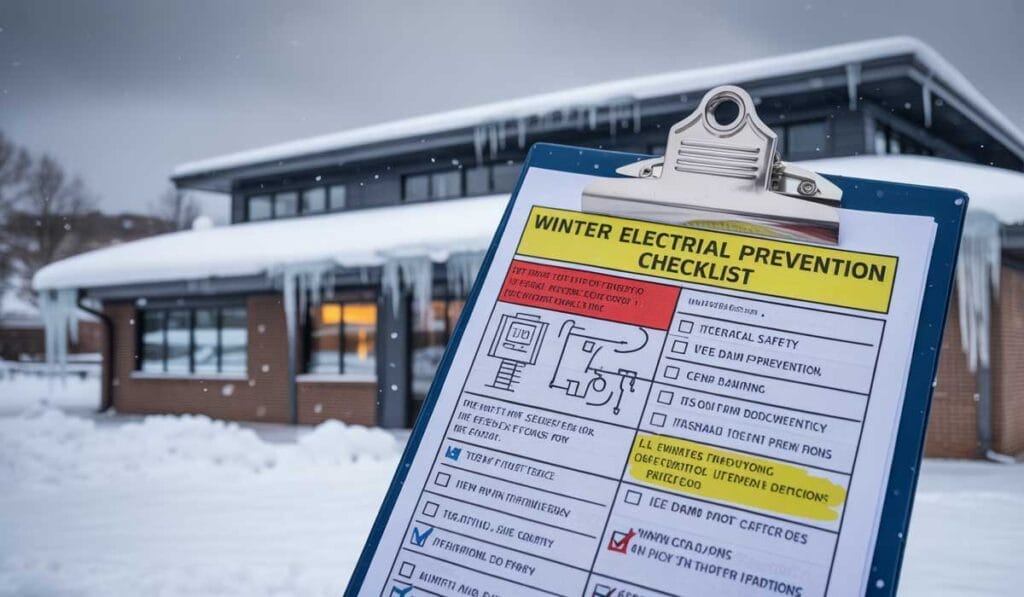 A clipboard with a checklist in front of a building.