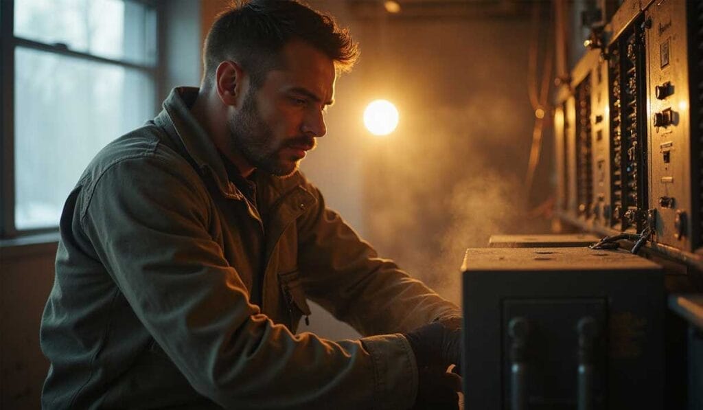 A man in a work jacket operates industrial equipment in a dimly lit room with visible light and mist.