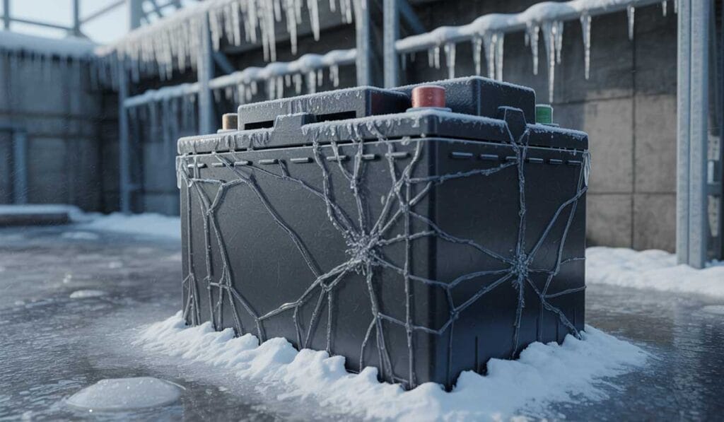 A cracked car battery covered in ice and snow sits outdoors on a frozen surface, with icicles hanging from nearby shelves.