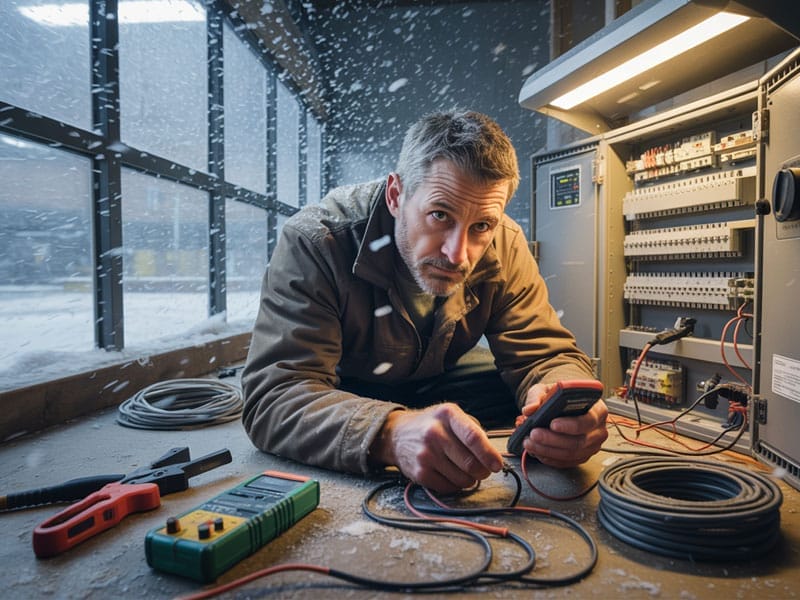 A man in a winter coat tests electrical wiring inside an open control panel, surrounded by tools, with snow visible outside through large windows.
