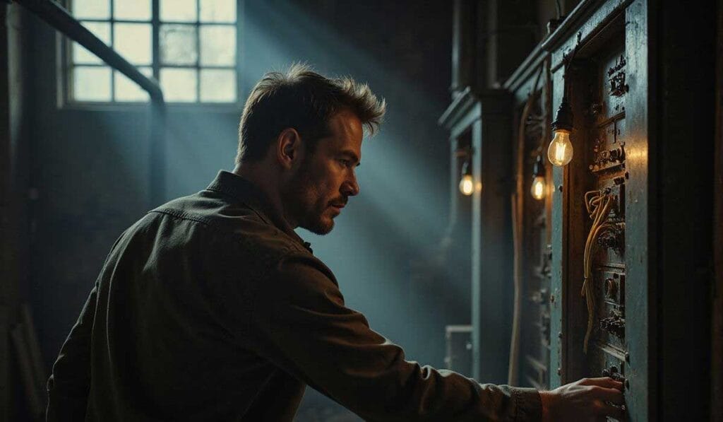 A man stands in front of an old electrical panel in a dimly lit room, with light streaming through a window and exposed light bulbs illuminating the scene.