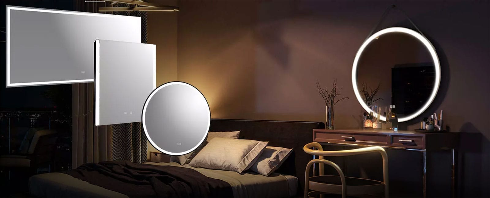 A dimly lit bedroom with a bed, a dresser with a round illuminated mirror, a chair, and three wall mirrors of different shapes and sizes.